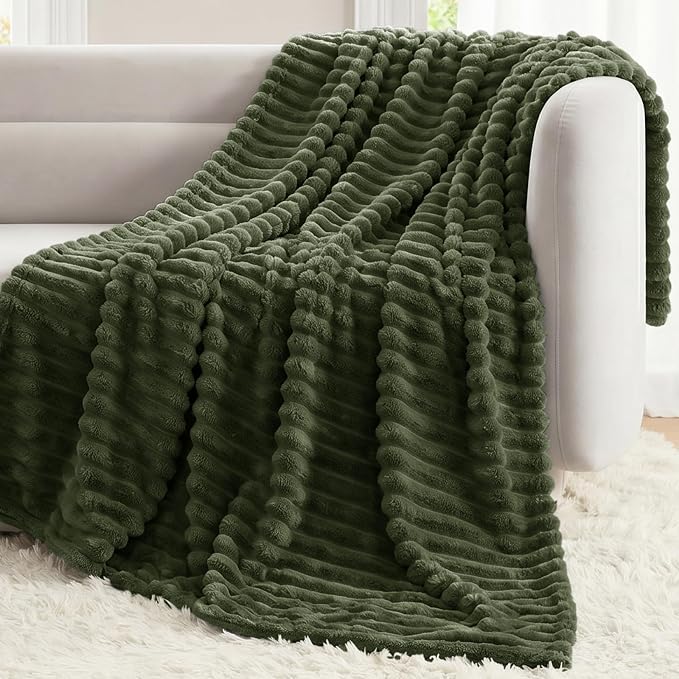 Olive Green Throw Blanket for Couch & Bed, 50 x 60 Inch | 300GSM Ribbed Fleece Blanket, Soft, Cozy & Lightweight, OEKO-TEX Certified, All-Season Use for Travel, Dorm & Home Decor