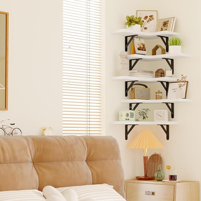 Fixwal Conner Shelves Wall Mounted for Decor, White Set of 5 | Solid wood shelf with metal brackets, holds 40 lbs. Optimizes corner storage. Fits bathroom, kitchen, bedroom & living room.