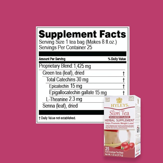 HYLEYS Slim Tea Goji Berry Flavor - Weight Loss Herbal Supplement Cleanse and Detox - 25 Tea Bags (1 Pack)