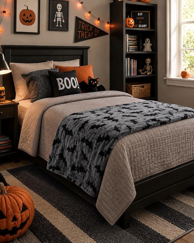 Halloween Fleece Throw Blanket, Black Bats on Gray, 50"x70" Oversized | Ultra-soft cozy flannel fleece, for sofa couch bed chair & dorms, spooky Halloween décor, durable and machine washable.
