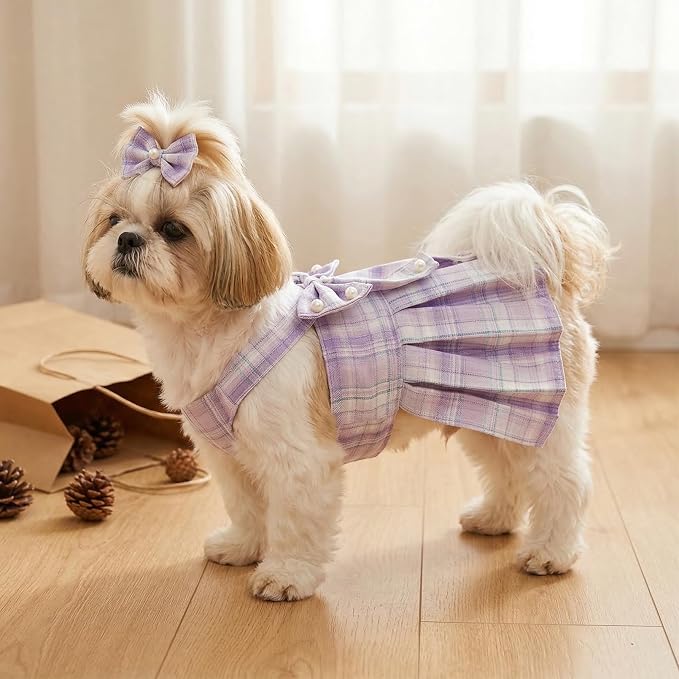 Cute Plaid Dog Dress Clothes for Small Dogs Cats Girl Purple Plaid Dog Dress with Pearls Bow Tie Harness Leash for Spring Summer Birthday Puppy Bunny Rabbit Yorkies Chihuahua Outfits