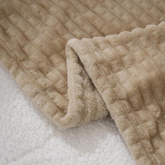 Puncuntex Fleece Throw Blanket Khaki 108"×90" with Square Grid Design | Super Soft Plush Cozy Flannel Throw Blanket Luxury for Couch Sofa Chair
