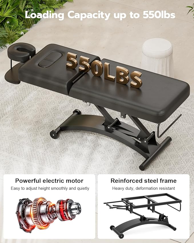 Paddie 550lbs Electric Lift Massage Table, Professional for Treatment/Facial/Beauty/Spa/Physical Therapy, Haydrulic Adjustable Backrest/Face Cradle/Rolling Wheels, Black