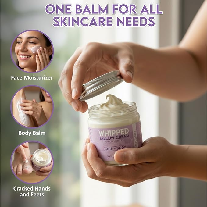 Beef Tallow for Skin, Whipped Beef Tallow Balm for Face & Body with Shea Butter and Lavender Oil, Grass Fed Beef Tallow for Eczema, Dry Sensitive Skin and Rosacea 4 Oz (Vanilla Lavender)