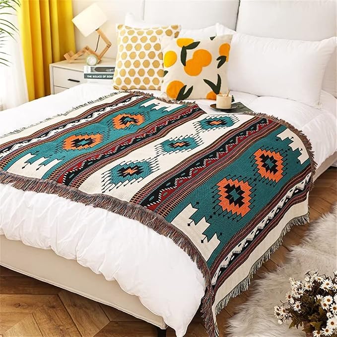 Homesy Aztec Throw Blanket Native Southwestern Bed Blankets 51"x63" Green | Southwest Decor,Boho Style,Sofa Chair Cover,Outdoor Beach Car Tent Travel Camping Use,Tapestry,Reversible and Tassels