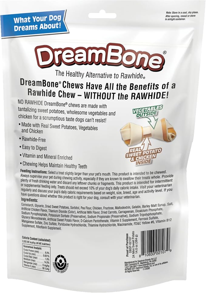 DreamBone Mini Bone Sweet Potato Rawhide-Free Dog Treats, 24 Count | Daily Chew, Digests Safely and Completely, Made With Real Chicken and Sweet Potato, For Adult Dogs