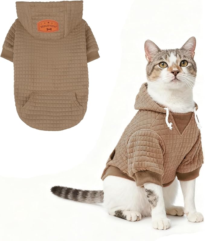 BEAUTYZOO Small Dog Hoodie Sweater with Pockets, Dog Clothes for Small Medium Dogs Boy Girl, Waffle-Like Laminated Cotton Pet Coats with Hat and Leash Hole, Khaki XXS