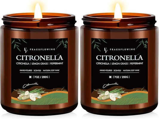Citronella Candles, Indoor Outdoor Lemongrass Scented Candles，Natural Soy Wax Jar Candle, 100-Hour Burn Time, 7 oz (2 Pack)
