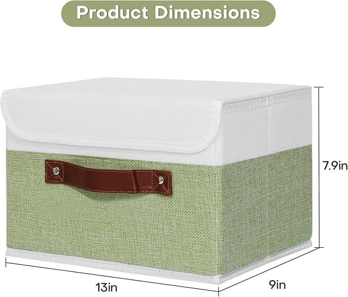 ANMINY Fabric Storage Box Bins with Lids, Green White, 13"x9"x7.9", 2 Pack | Keepsake Memory Storage, Cotton Linen, PP Board Reinforced, Washable, PU Handles, Foldable & Stackable, Decorative, Medium