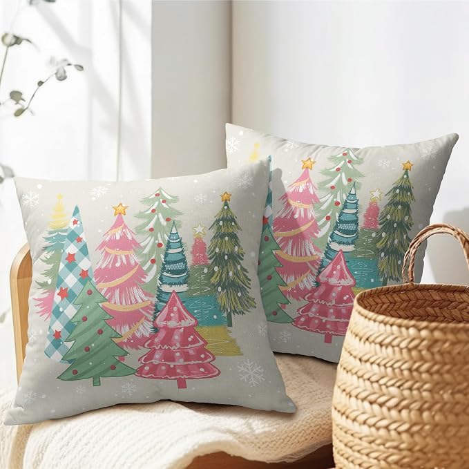 Kawani Xmas Tree Throw Pillow Covers 18x18 Inch Set of 2 Colorful Pink Green Farmhouse Winter Seasonal Cotton Linen Pillowcase for Bed Couch Sofa Patio Indoor Outdoor Home Decor