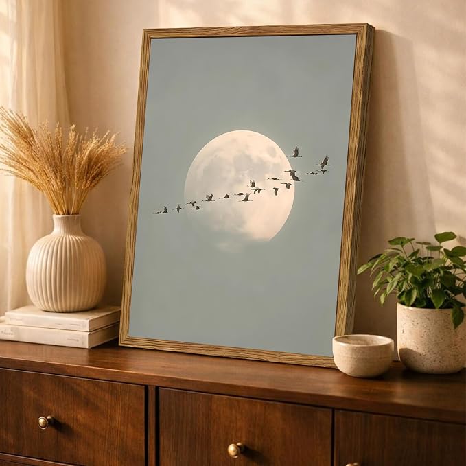 Framed Vintage Bird Wall Art, Minimalist Moon Flying Birds Pictures Wall Decor, Japandi Nature Landscape Paintings Canvas Prints Neutral Home Decor for Living Room Bedroom Bathroom 12x16 Inch