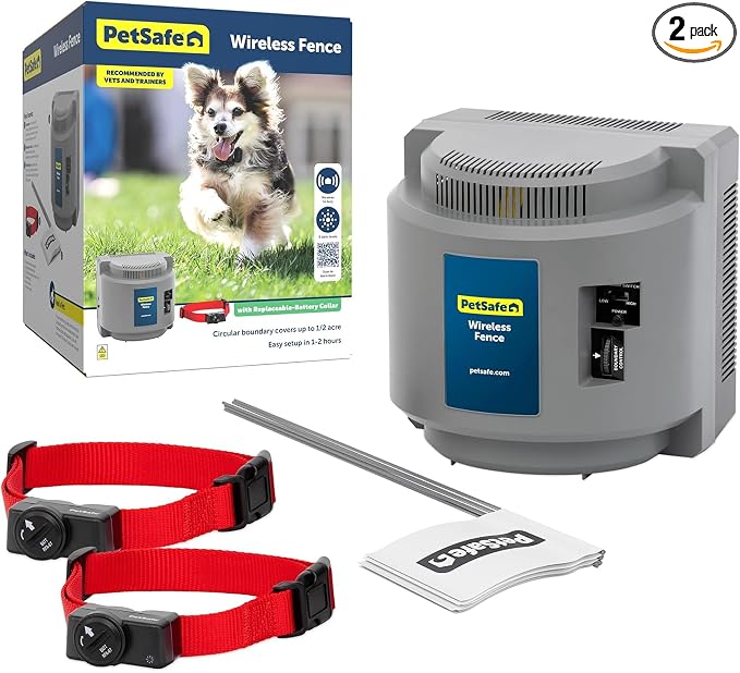 PetSafe Wireless Fence Pet Containment System, 2 Dogs, Up to 1/2 Acre | No Wire to Bury, Adjustable Circular Boundary, Kit Includes 2 Receiver Collars and Boundary Flags, Portable, Dogs 5 lb+