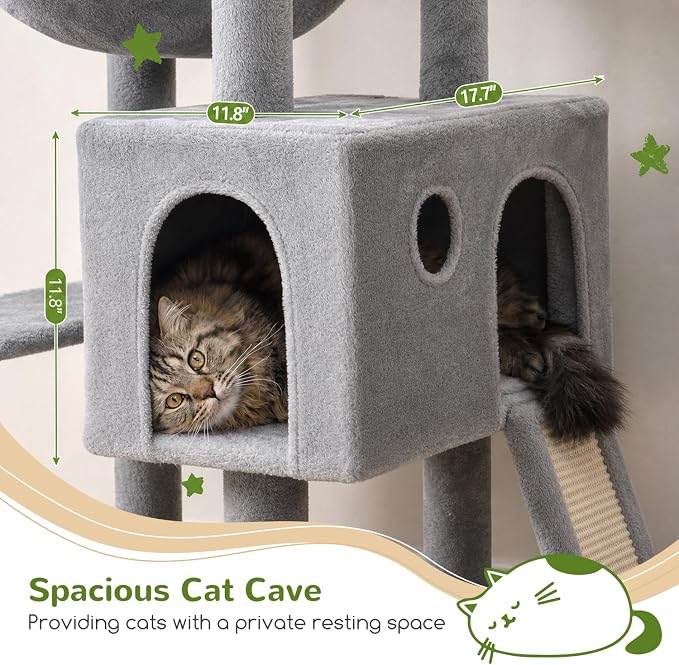 Globlazer Heavy Duty Cat Tree, 70 inch Sturdy Cat Tree for Indoor Cats Extra Large Cat Tower with Scratching Post, Hammock, Cat Condo for Adult Cats Kittens, F70 Pro, Light Grey