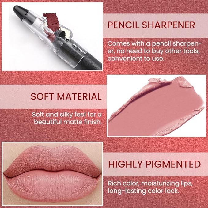 Nude Pink Crayon Matte Lipstick Lip Liner Pencil - Smudgeproof Waterproof Lipstick Crayon with Sharpener - Moisture Smooth Formula for Women, 17#