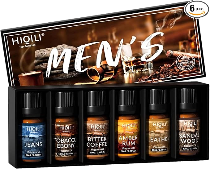HIQILI Men's Fragrance Essential Oils Set - Father's Day & Birthday Gift for Men, Ideal for Aromatherapy Diffuser, Candle Scents for Candle Making, 6x10ml