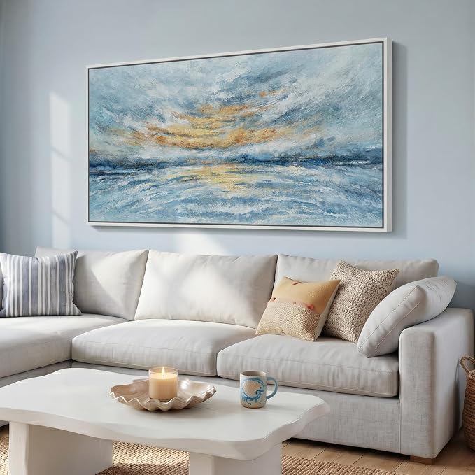 Extra Large Framed Blue Coastal Abstract Wall Art for Living Room, 36x72 In | Blue gold canvas prints, Horizontal landscape paintings, Modern artwork for walls, Picture wall decor for bedroom dining room