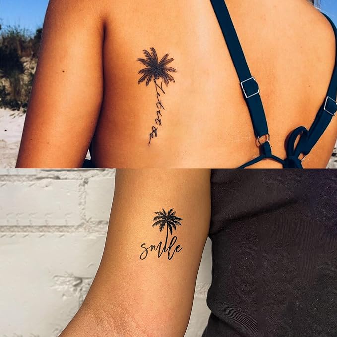 Semi Permanent Tattoo, Long Lasting Tropical Palm Tree Temporary Tattoos For Men Women Arm Calf, Realistic Moon Sun Wave Shell Fake Tattoo, Waterproof, Non-Reflective, 2 Sheets