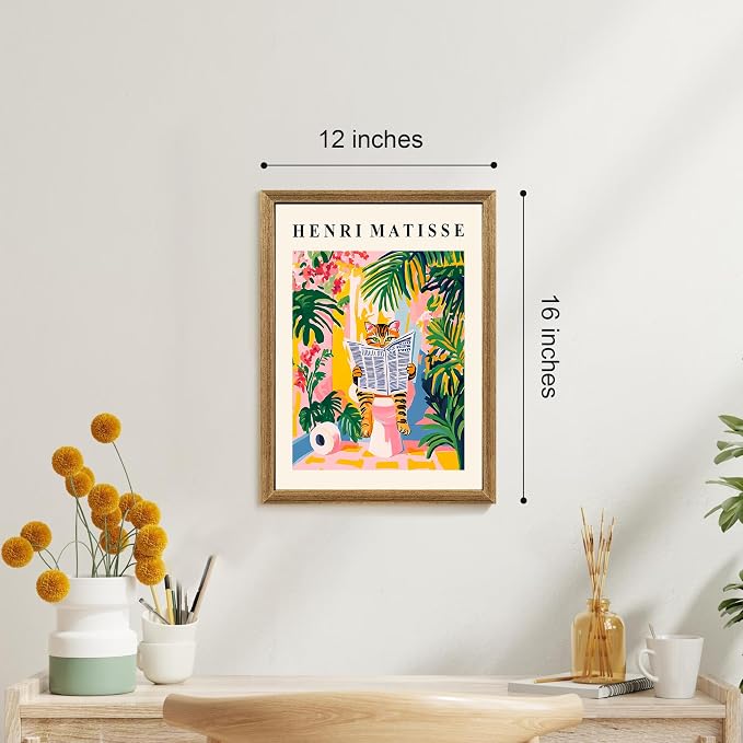 ICHZUMW Framed Funny Tabby Cat Matisse Canvas Bathroom Wall Art, 12x16 In | Humorous Cat Reading on Toilet, Girly Pink Dopamine Bathroom Wall Decor, Restroom Powder Room, Fade Resistant, Ready to Hang
