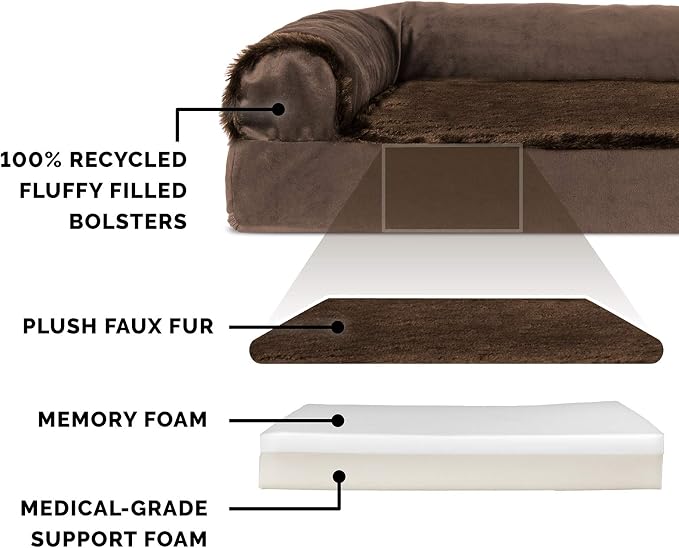 Furhaven Memory Foam Dog Bed for Medium/Small Dogs w/ Removable Bolsters & Washable Cover, For Dogs Up to 35 lbs - Plush & Velvet L Shaped Chaise - Sable Brown, Medium