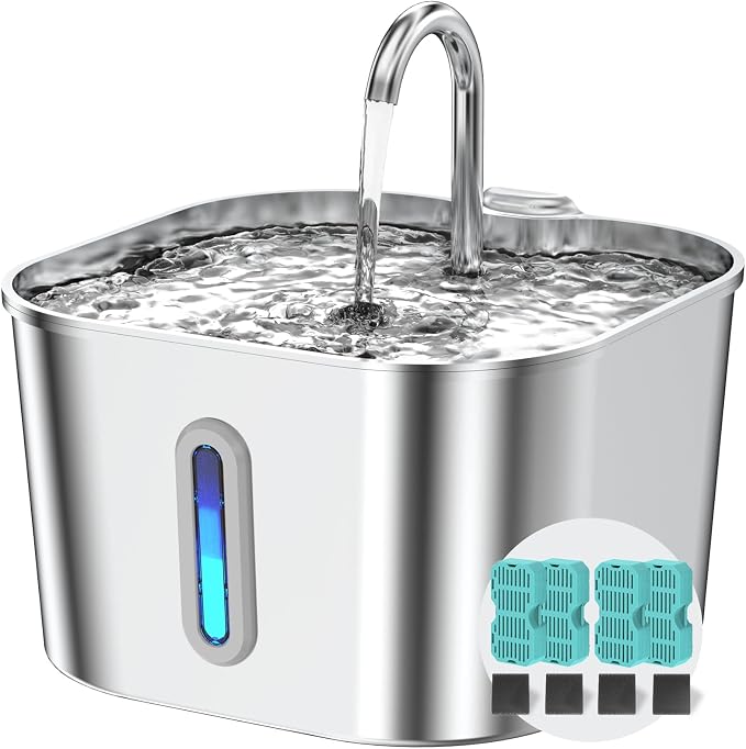 Stainless Steel Cat Water Fountain - 74oz/2.2L Cat Drinking Fountain | Quiet Cat Fountain for Indoor Cats and Small Dogs, Automatic Pet Water Dispenser Keeps Fresh Water, 4 Filters & 4 Sponges