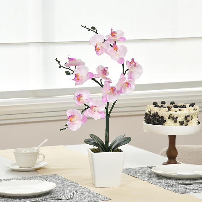 15" Silk Phalaenopsis Orchid in Square Pot, Pink Shades Flower Arrangements | Lifelike Faux Potted Blooms with Moss in a Ceramic Planter. Looks Real, Zero Upkeep, Ideal Centerpiece for Any Table