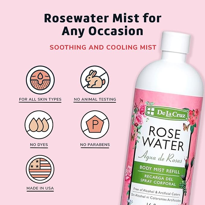 De La Cruz Pure Rose Water Body Mist,Rosewater Spray for Face, Skin & Hair, Rose Toner & Rose Water for Hair Alcohol Free, Paraben Free 16 fl oz (1 Bottle)