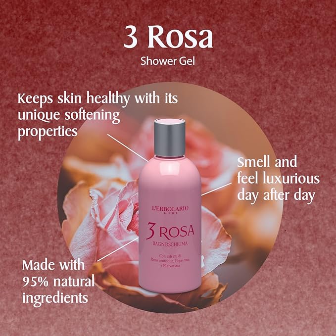 L'Erbolario 3 Rosa Shower Gel - Bath Foam With Seductive And Elegant Power - Preserves The Natural Moisture Of Skin Tissue - Perfectly In Tune With Feminine Allure - Ideal For Sensitive Skin - 8.4 Oz