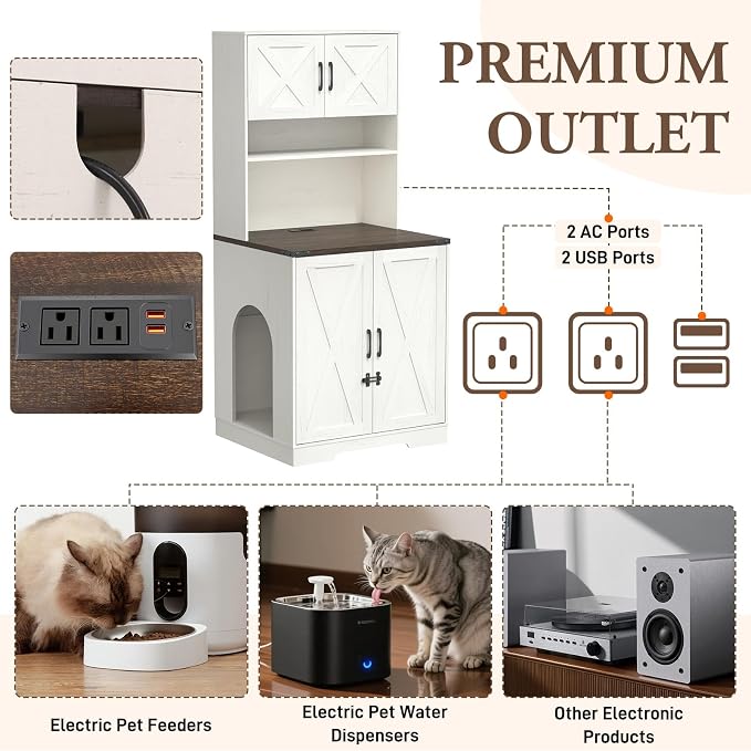 71Inches Tall Cat Litter Box Enclosure for Cats W/Power Outlets,Open Shelves.Wooden Pet Washroom Furniture W/Locks,Cabinet.Indoor Cats House,Hidden Cat Litter Box for Living Room,Bedroom(White-2)