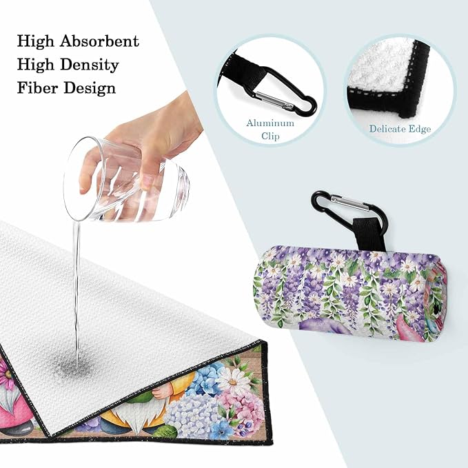 Blue Purple Gnomes Golf Towel with Clip, Spring Country Hydrangea Flower Leaf Large Microfiber Women Men Sports Work Out Disc Golf Bag Towel for Yoga, Gym, Fitness, Swimming Towels Accessory
