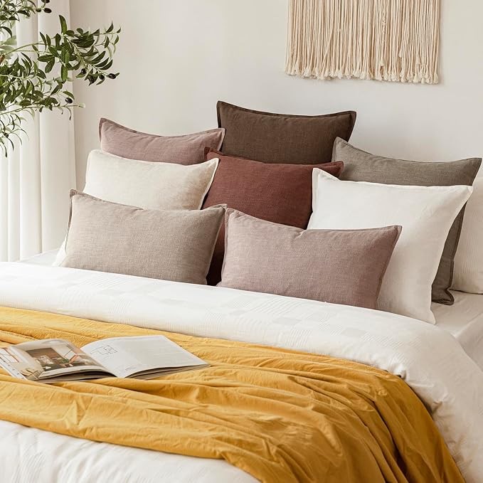 Foindtower Set of 2, Decorative Linen Solid Throw Pillow Covers Soft Accent Cushion Euro Case Boho Farmhouse Pillowcase for Chair Couch Sofa Bedroom Living Room Home Decor 26 x 26 Inch Natural Linen