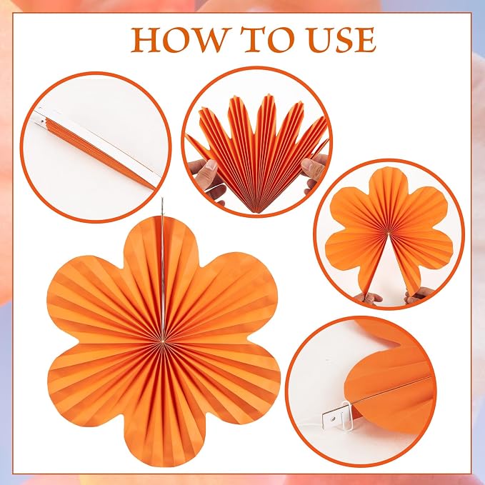 SUNBEAUTY Paper Flowers Decorations Pink and Orange for Wall Paper Fans Classroom Decoration Paper Floral Backdrop Decor Paper Fans Decor Hanging Paper Fans Orange Flower Wall Decor Set of 9