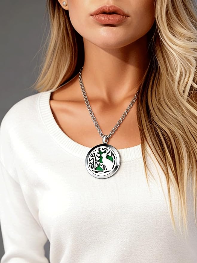 Essential Oil Diffuser Necklace, Aromatherapy Perfume Stainless Steel Cat Locket Pendant Jewelry Christmas Birthday Gift for Women Men Teen