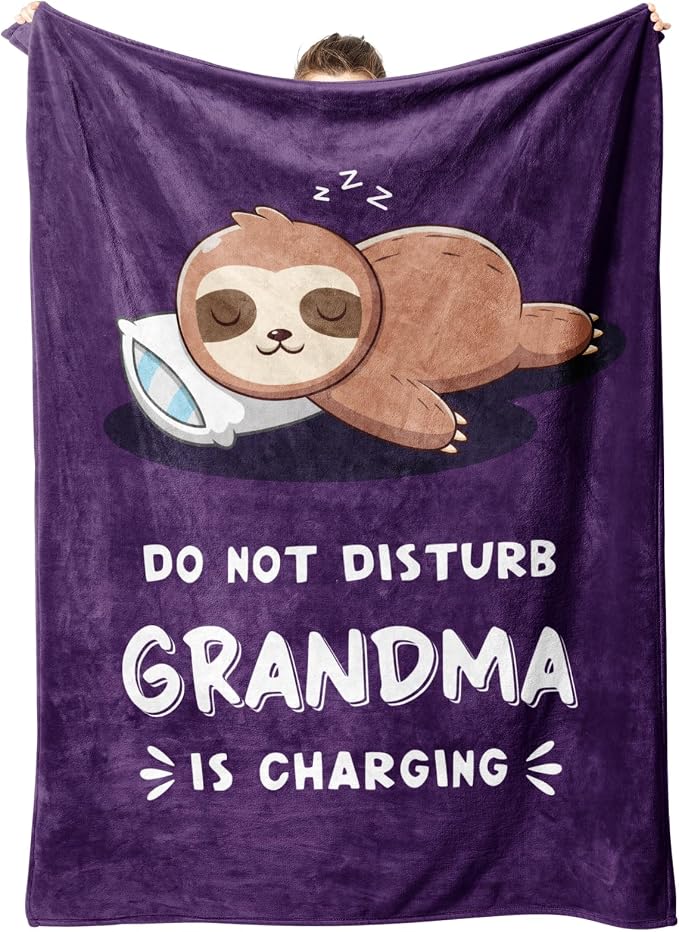 Leebbsin Funny Gifts for Grandma, Grandma Birthday Gift from Grandkids | Grandma is Charging Sloth Blanket 60" x 50", Purple, Grandmas Gift for Christmas Mothers Day, Soft Sloth Blanket for Grandma