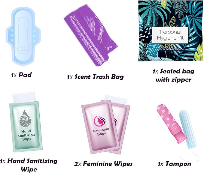 3 x Menstrual All-in-One Kits - Assorted Colors | Convenience on The Go | Single Period Kit Packs | Individually Wrapped Feminine Hygiene Products (Black Treads/Blue Forest/Green Ferns)
