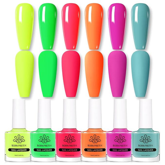 Born Pretty Neon Nail Polish Set, 6 Colors Halloween Quick Dry Nail Polish Hot Pink Orange Yellow Green Blue Purple Fingernail Polish 10ml 0.34oz Fluorescent Glossy Nail Lacquer Polish Set