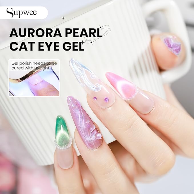 Pearl Mermaid Gel Nail Polish 12 Colors Magnetic Cat Eye Shimmer Glitter Gel Polish Spring Summer Colors Cat Eye Manicure Gift Soak Off Lamp Salon DIY at Home