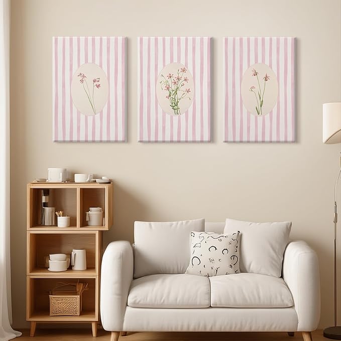 Pink Flower Wall Art Striped Floral Prints Botanical Canvas Wall Decor Aesthetic Pictures Pastel Pink Floral Poster Minimalist Flower Painting for Girl Room 12x16 Inch Wrapped Canvas Set of 3