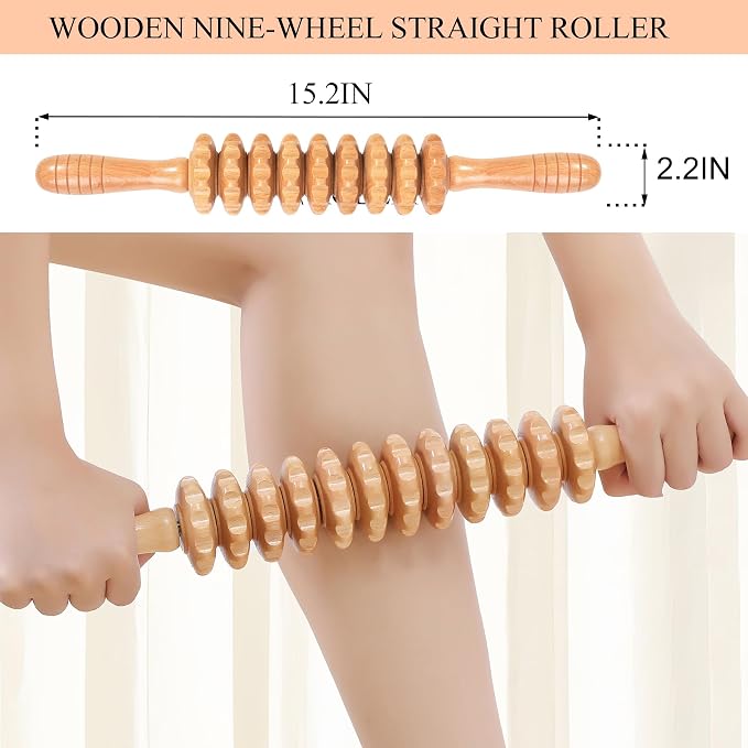 Xokocli Cellulite Massage Tool Wood Therapy Massage Tools Fascia Blaster Cellulite Roller Lymphatic Drainage Massager Deep Tissue Massage Stick for Legs Thighs Muscle Relief Recovery(White 9-Wheel)