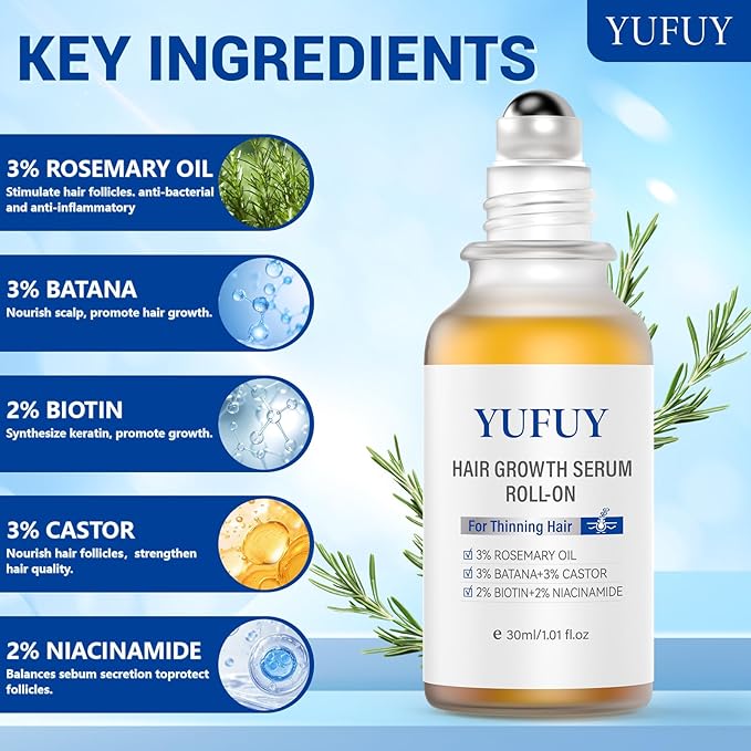 Hair Growth Serum Roll On 30ML, With 3% Batana Castor 2% Biotin Niacinamide 3% Rosemary Oil for Hair Growth No-Rinse, Fast-Absorbing Scalp Serum For Thinning Hair for Men & Women -1.0 Fl OZ