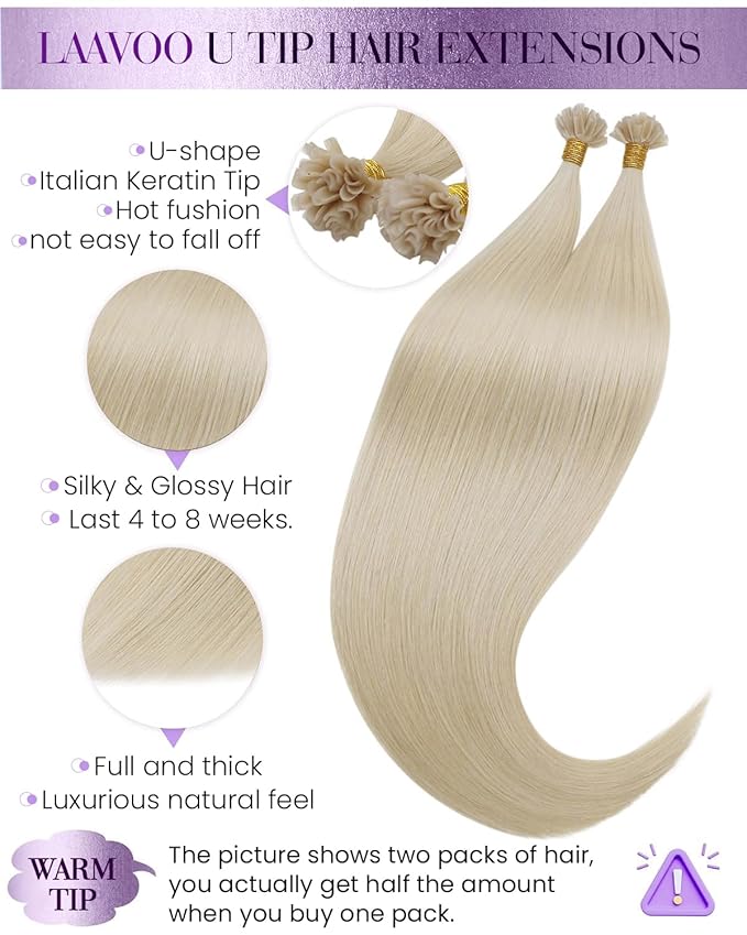 LaaVoo K Tip Hair Extensions Real Human Hair Bleach Blonde U tip Hair Extension Human Hair Hot Fusion Blonde KTip Human Hair Hair Extensions 20 inch 50g/50s