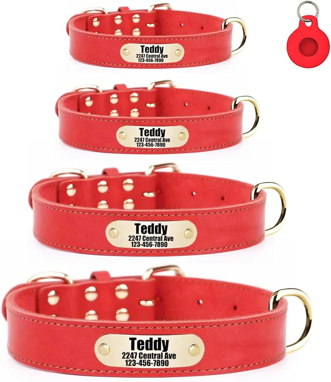 Personalized Genuine Leather Dog Collar with Name & Phone Number-Red-M