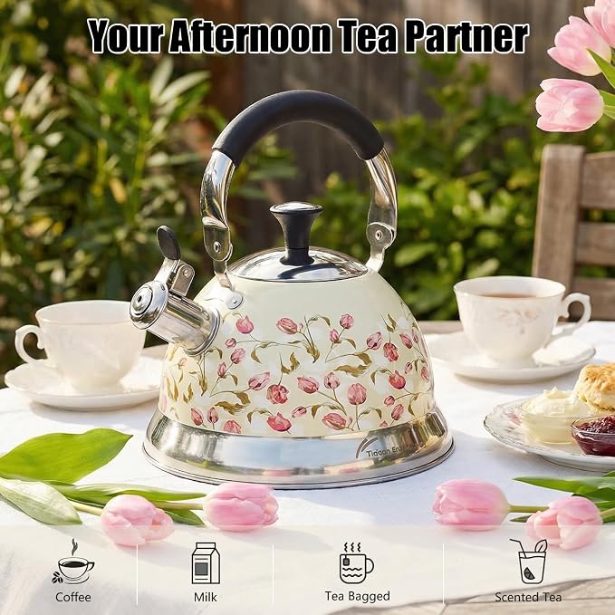 Stainless Steel Whistling Tea Kettle Stovetop - 3.1QT Tea Pot for Stove Top, Vintage Floral Print, Foldable Handle, 304 Stainless Steel Interior Teatop for Tea, Coffee, Party & Gift