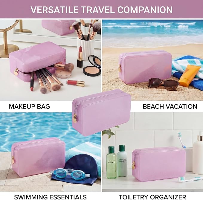 RSRSLEII Stardust Twinkle Jelly Travel Makeup & Toiletry Bag, Waterproof PVC Cosmetic Bag/Case for Women，Zipper SPF Beach Bag for Sunscreen Skincare and Daily Essentials (05Pink-Large)