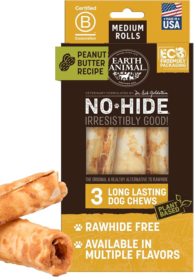 Earth Animal No Hide Dog Chews - Rawhide Free Medium 3 Count Peanut Butter | Medium Peanut Butter Flavored Natural Rawhide Free Long Lasting Dog Chews - Treats for Medium Dogs and Aggressive Chewers