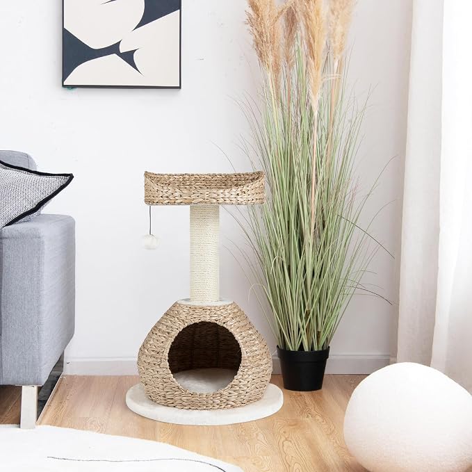 Tangkula Modern Cat Tree, Small Cat Tower with Natural Sisal Scratching Post, Hand-Made Wicker Cat Condo & Top Perch, Funny Hanging Toy Ball, Cute Cat Tree Tower for Indoor Cats