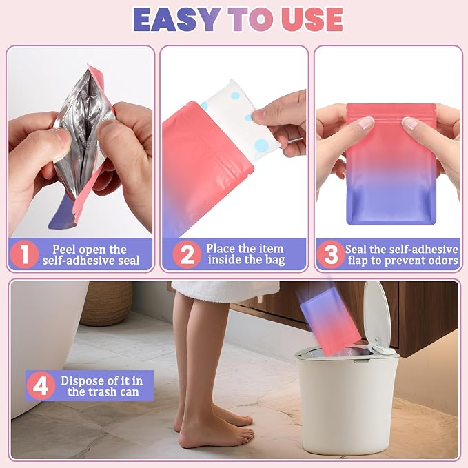 Disposable Sanitary Hygiene Disposal Bags for Bag Period Tampon Napkin Trash, 100pcs, Discreet Privacy Cover, Stylish Look, Self-Adhesive Seal,Portable for Purse, Bathroom, School,Travel(Pink-Purple)