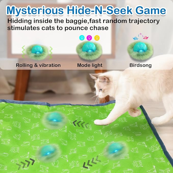 Waaiio Interactive Cat Toys for Indoor Cats,Automatic Moving Cat Ball in Pouch,Chirping Stimulation,Hide-n-Seek Chase Exercise Game,Motion Activate,Rechargeable Kitten Toys