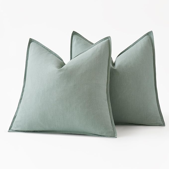 MIULEE Decorative Linen Pillow Covers 18x18 Inch Aqua Green | Boho Farmhouse Neutral Couch Throw Pillows for Bed, Pack of 2 Accent Modern Pillowcases, Sofa Livingroom Home Decor