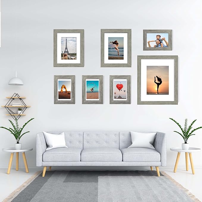 Hongkee 8x10 Picture Frame Set of 4, Made of Real Glass and Grey Wooden Frame, 8 by 10 Photo for Wall or Tabletop - Display Picture 5x7 with Mat or 8x10 Without Mat