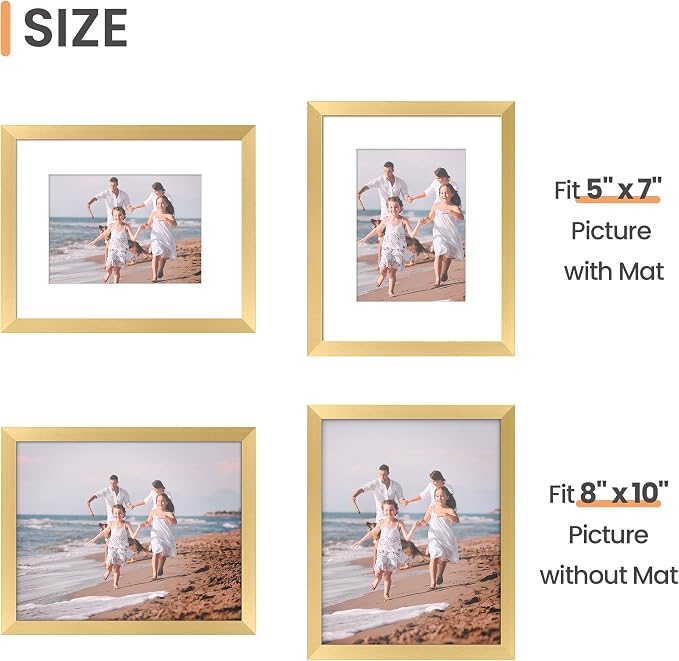 upsimples 8x10 Picture Frames, Gallery Wall Frames Set of 5, Gold | Photo Frame Collage Wall Decor, 8 x 10 Frame, 5x7 Frame with Mat for Family, Baby, Hallway, Christmas